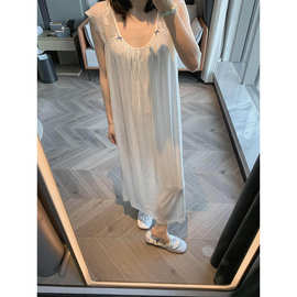 纯欲米白蕾丝拼接蝴蝶结莫代尔睡裙女夏季宽松大码家居服长裙外穿