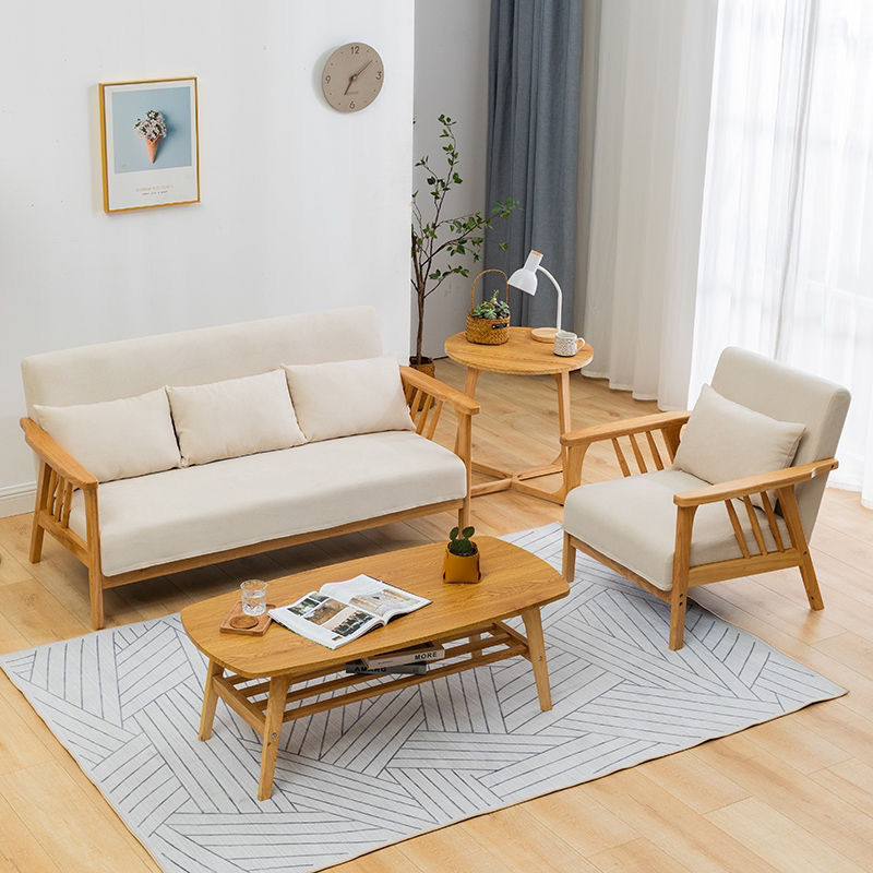 Scandinavian Solid Wood Fabric Sofa Household Small Apartment Combination Modern Minimalist Living Room Office Leisure Table and Chair Set
