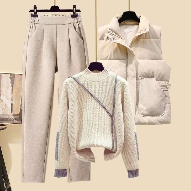 Vêtements pour femmes nouveaux costumes pour femmes gilet épais col haut pull tricoté pantalon carotte costume trois pièces printemps automne hiver_voghion.com