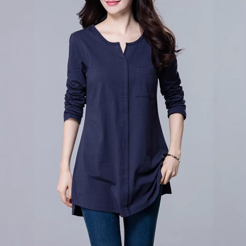Long-Sleeved T-Shirt for Women, Korean Style Cotton, New Mid-Length Base Shirt, Loose Fit, Slimming, Plus Size, Spring and Autumn, Covers the Hips Top t Long-Sleeved T-Shirt for Women, Korean Style Cotton, New Mid-Length Base Shirt, Loose Fit, Slimming, Plus Size, Spring and Autumn, Covers the Hips Top t