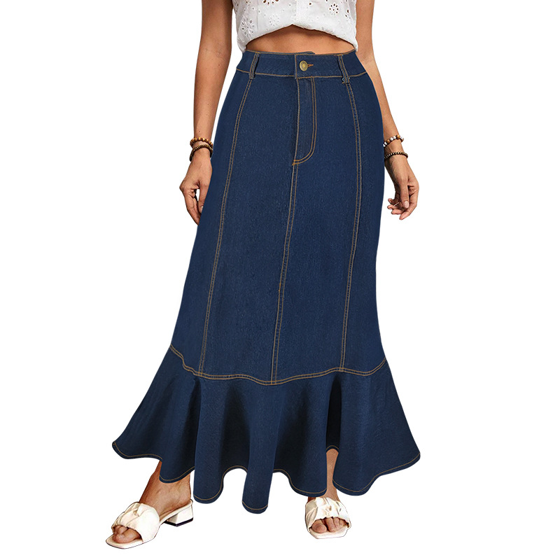 Women's Button-Down Denim Mermaid Skirt, Stretchy Washed Denim Maxi Skirt With Flared Hem, Elegant Tailored Fit_ecoleips.com