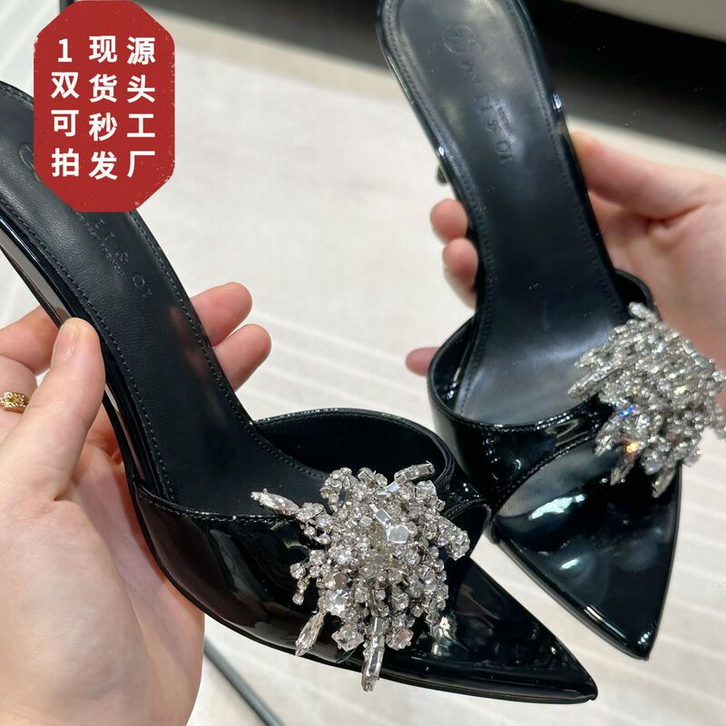 Spot 2025 New Style Pointed Toe Rhinestone One-Strap Sandals Stiletto Open Toe High Heel Half Slippers Fashionable and Versatile for Outer Wear