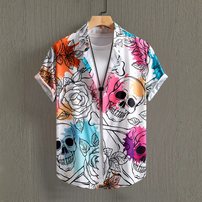 Men's Short Sleeve Shirt Color Skull Rose Flower Print Digital Print Men's Shirt Fashion Men's Clothing Summer New