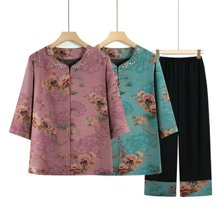 奶奶夏装衬衣妈妈装洋气中袖衬衫女中老年人套装衣服送母亲礼物