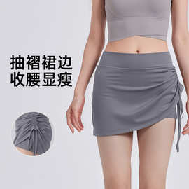 现货新款抽皱运动短裙休闲女士高腰性感包臀裙纯色百搭屁帘瑜伽裙