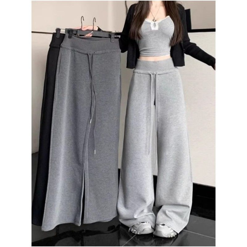 Grey sports pants straight pants women's spring and autumn new high waist sag rib waist American casual wide leg pants wholesale