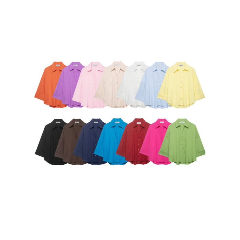 Candy-Colored Short-Sleeved Shirt, Summer Loose-Fitting Three-Quarter Sleeve Shirt, Multi-Color Versatile Slimming Basic Shirt Top Candy-Colored Short-Sleeved Shirt, Summer Loose-Fitting Three-Quarter Sleeve Shirt, Multi-Color Versatile Slimming Basic Shirt Top