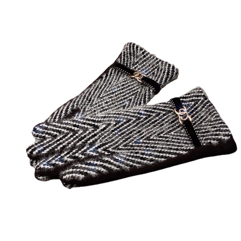 Francúzske vynikajúce zosilnené norkové rukavice na udržanie tepla v zime, remienok s prackou, čiernobiele keprové dotykové päťprstové rukavice pre temperament_voghion.com