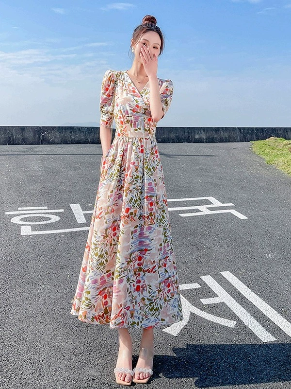 Женское платье с французским цветочным кружевом на шнуровке, новинка лета 2025, элегантное с V-образным вырезом, закрывающее талию, миди-юбка А-силуэта для женщин