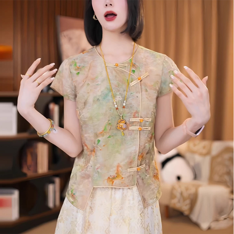 Áo sơ mi nữ ngắn tay lụa Jacquard Guofeng nút áo nhỏ Hương Vân Sa — Màu ảnh chi tiết 4