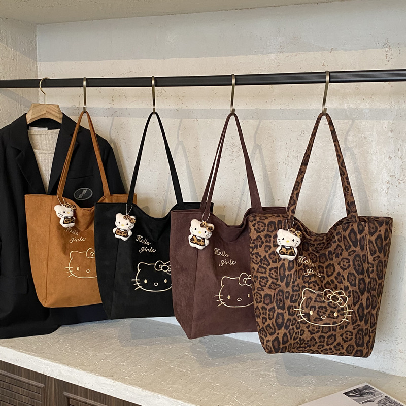 New cute kitty cat shoulder bag tote handbag large capacity embroidered stylish leopard print shopping bag