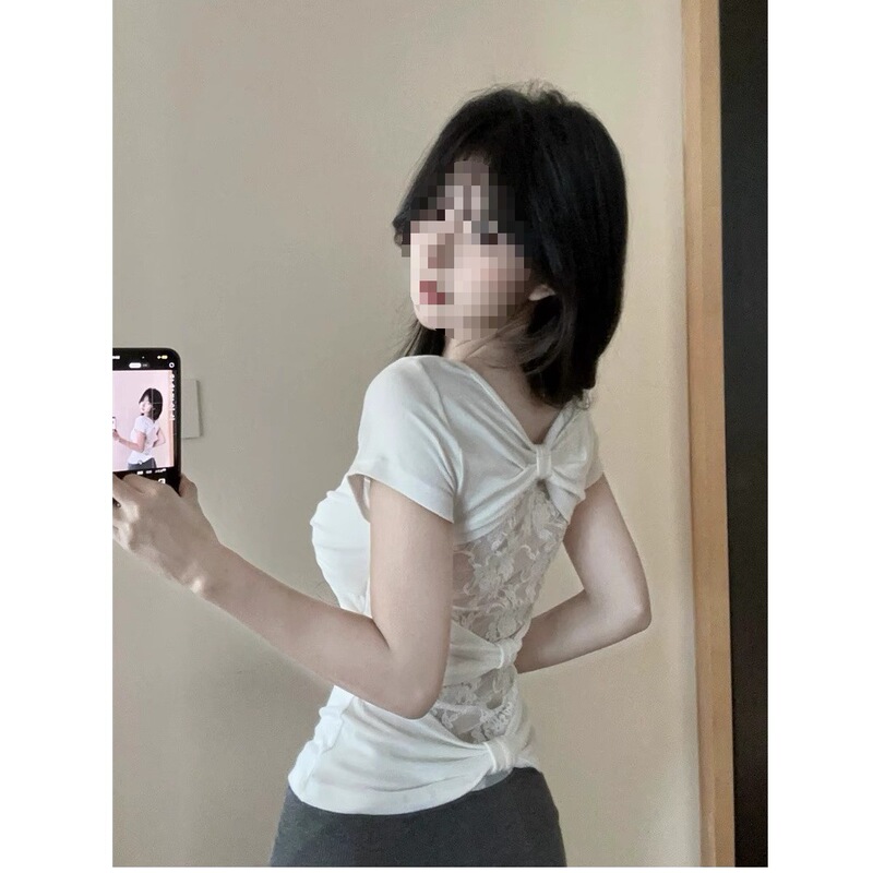 Back Hollow Lace Short-Sleeved T-Shirt for Women with Niche Design, Summer Pure Lust Sexy Pinch Waist Top, Unique and Beautiful