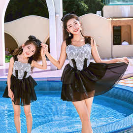 新款亲子泳衣母女黑色女童女孩中小童公主游泳衣温泉可爱洋气泳装