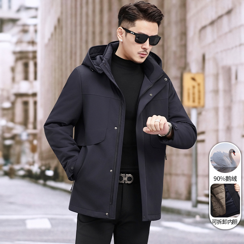 90% Goose down Men's Winter Hooded Fashionable down Jacket Removable Liner Jacket Men's Warm Mid-Length Jacket