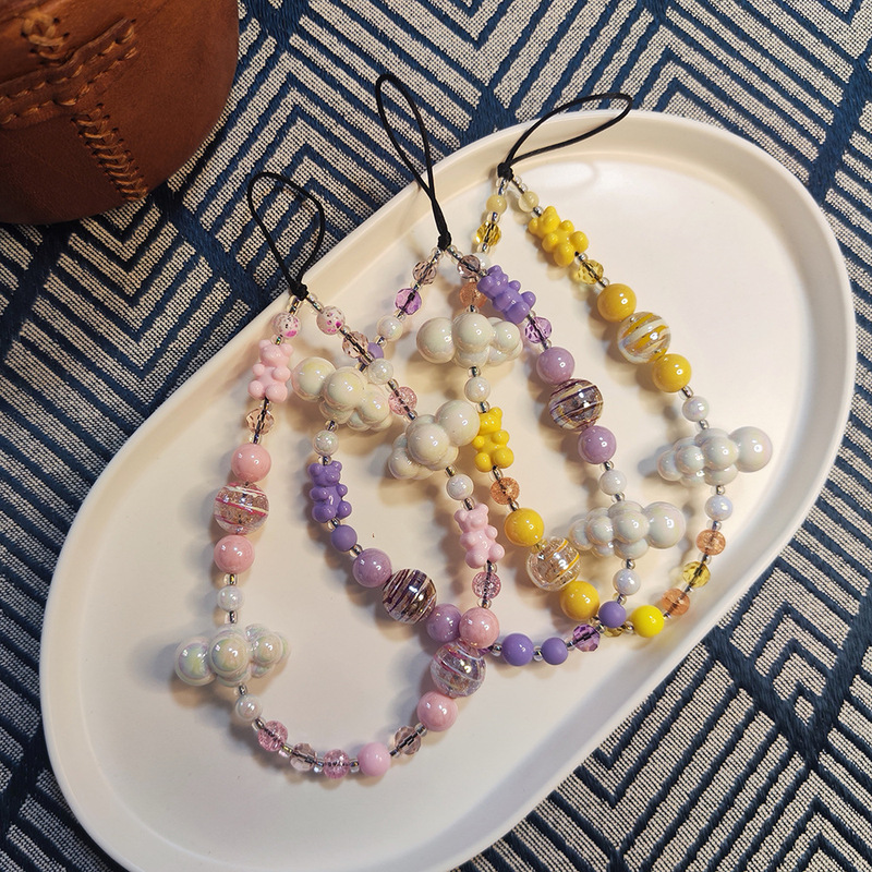 KKBEAD Cute Bear Mobile Phone Chain Wristband Women's Ins Niche Japanese and Korean Girls Baiyun Beaded Mobile Phone Rope Pendant