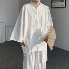 2023新中国式男装国風盤ボタンシャツ男夏の薄い中山服唐装七八分袖コート潮