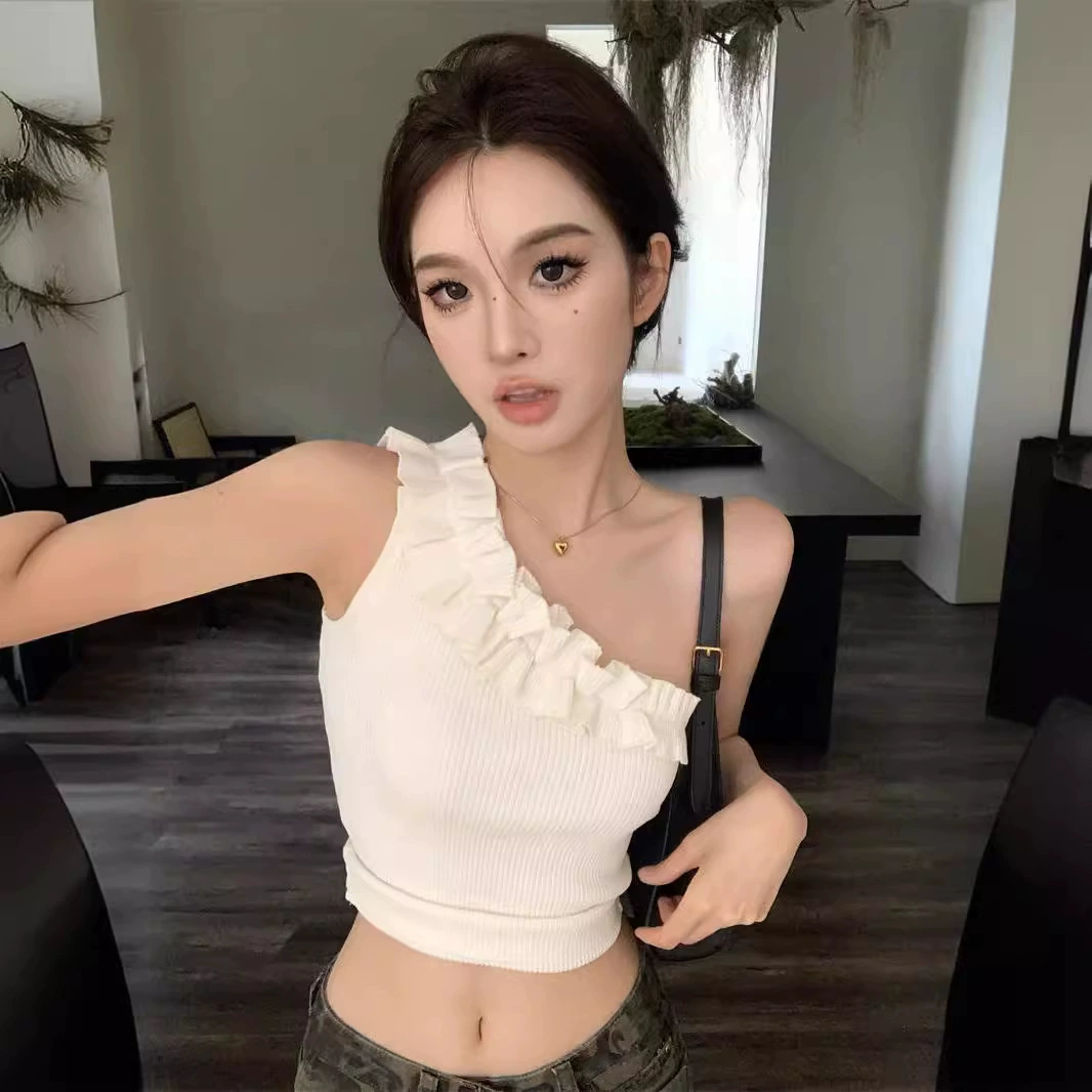 Трансграничный 2024 новый горячий девушка белый скошенный камзол жилет женский летний лотос тонкая короткая рубашка без рукавов