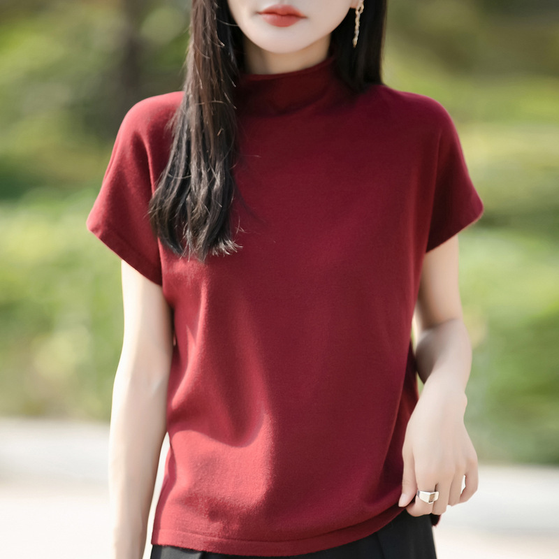 Rolled Edge Half Turtleneck Knitted Short-Sleeved T-Shirt for Women 2025 Spring and Summer New Style Small Flying Sleeve Bottoming Shirt Top Wholesale Rolled Edge Half Turtleneck Knitted Short-Sleeved T-Shirt for Women 2025 Spring and Summer New Style Small Flying Sleeve Bottoming Shirt Top Wholesale