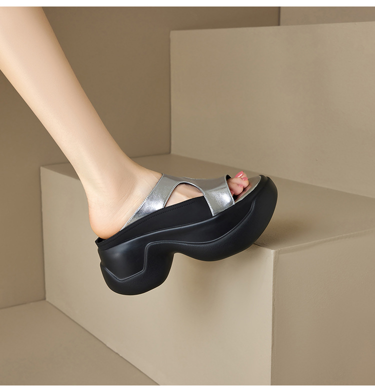 Dép xỏ ngón nữ đế dày da thật 8cm phong cách platform hở mũi — đen, bạc chi tiết 14