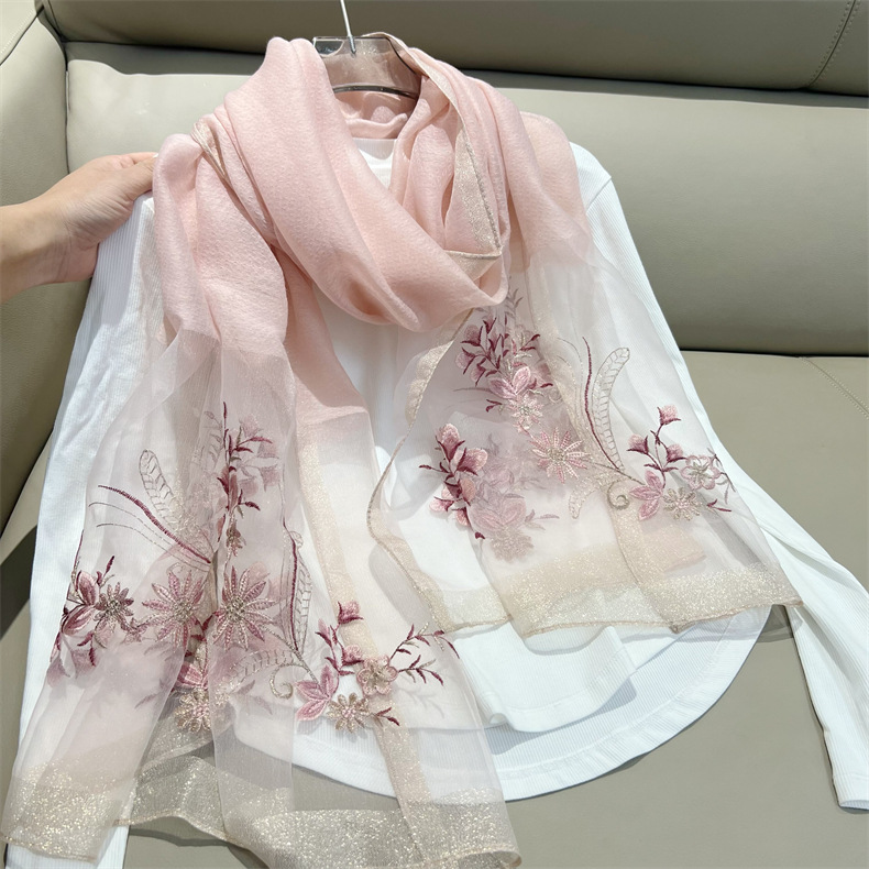 150g Weight Silk Scarf Classification Travel Occasion Polyester Material Flower Pattern Spring, Autumn Season Women's Gender Embroidery Design Elegant Style Women's Elegant Flower Polyester Embroidery Silk Scarf 12