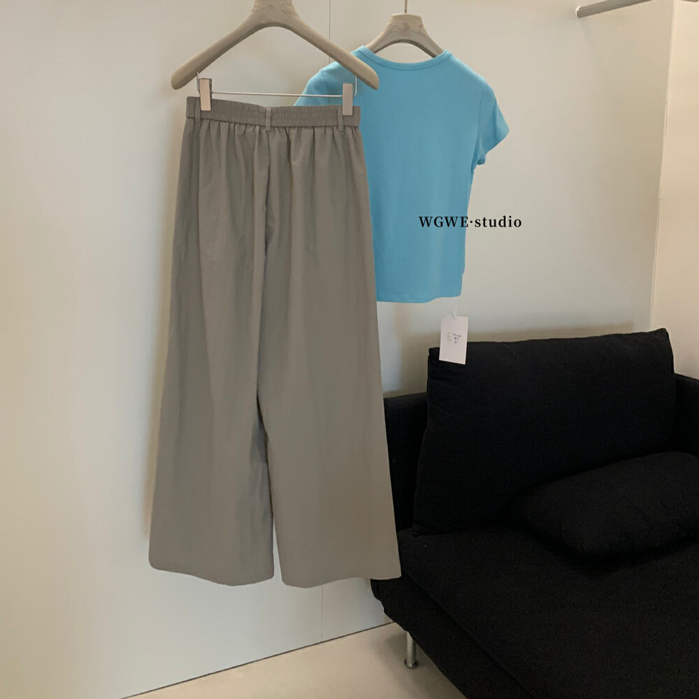 Liquidación, sin devoluciones ni cambios, pantalones de pierna recta adelgazantes de cintura alta elásticos versátiles informales de estilo minimalista para mujer, verano W5664 image 3
