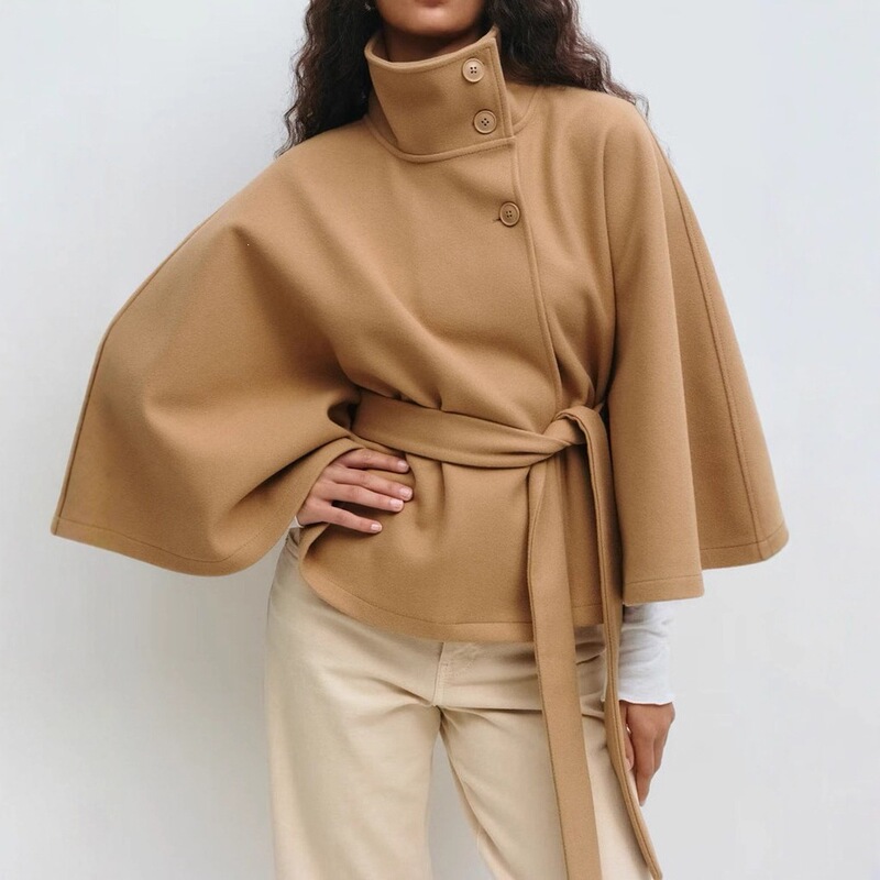 Women's Fashion Autumn/Winter New Amazon Cross-Border Fashion Solid Color Cape Stand Collar Button Belt Trench Coat Women's Fashion Autumn/Winter New Amazon Cross-Border Fashion Solid Color Cape Stand Collar Button Belt Trench Coat