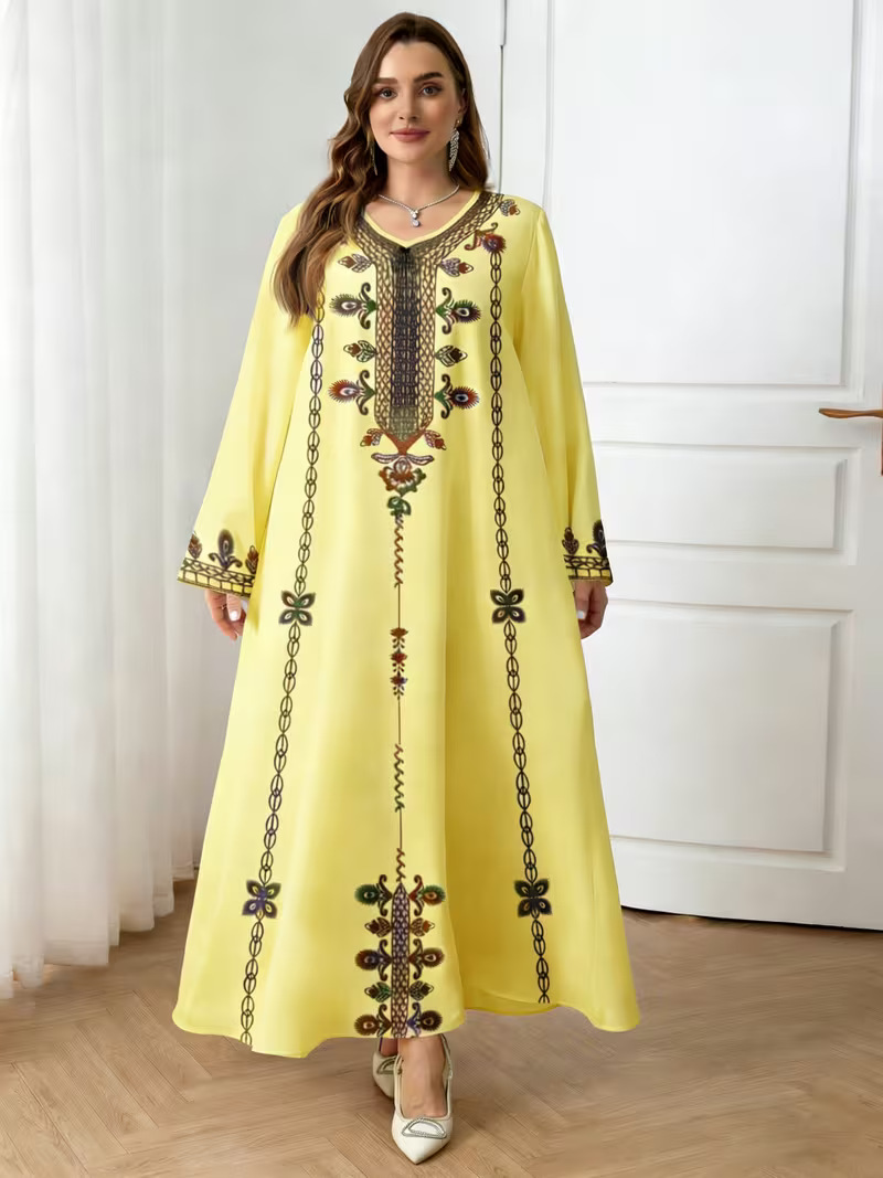 Middle Eastern Cross-border Muslim Women's V-neck Printed Loose Elegant Robe Ethnic Style Long-sleeved Dress Custom-made_ecoleips.com