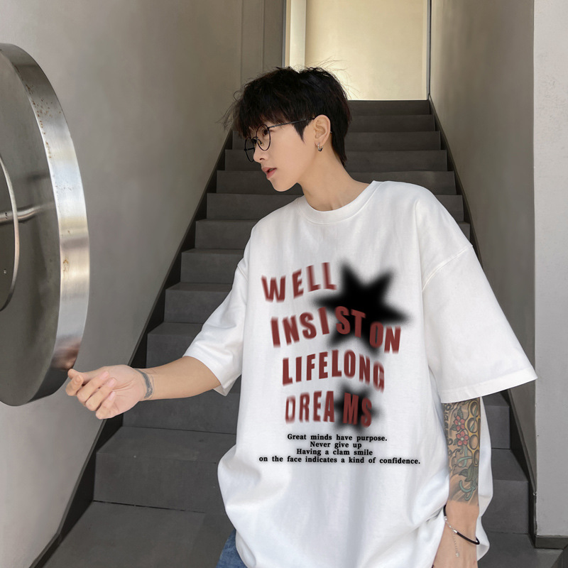 เสื้อยืดแขนสั้นผู้ชายฤดูร้อนผ้าฝ้ายหนักแบรนด์แฟชั่นสไตล์อเมริกันเสื้อยืดแขนสั้นทรงหลวมสบายๆ
