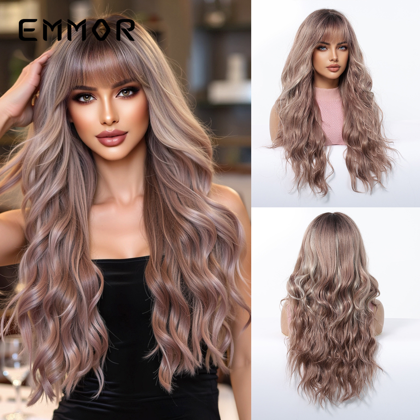 Celebridades de Internet en color dopamina, flequillo europeo y americano, ondas grandes, cabello largo y rizado, peluca de venta caliente transfronteriza, tipo de cabello completo