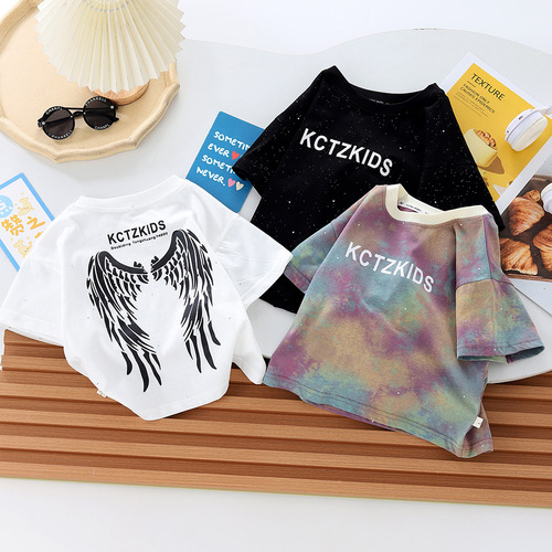 Boys' T-shirt short-sleeved summer 2024 Korean version of children's summer clothes, fashionable and medium-sized children's half-sleeved tops, silver Internet celebrity trend