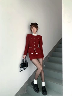 套法式收腰名媛风半身裙两件小香风外套红色秋冬千金粗纺大小姐