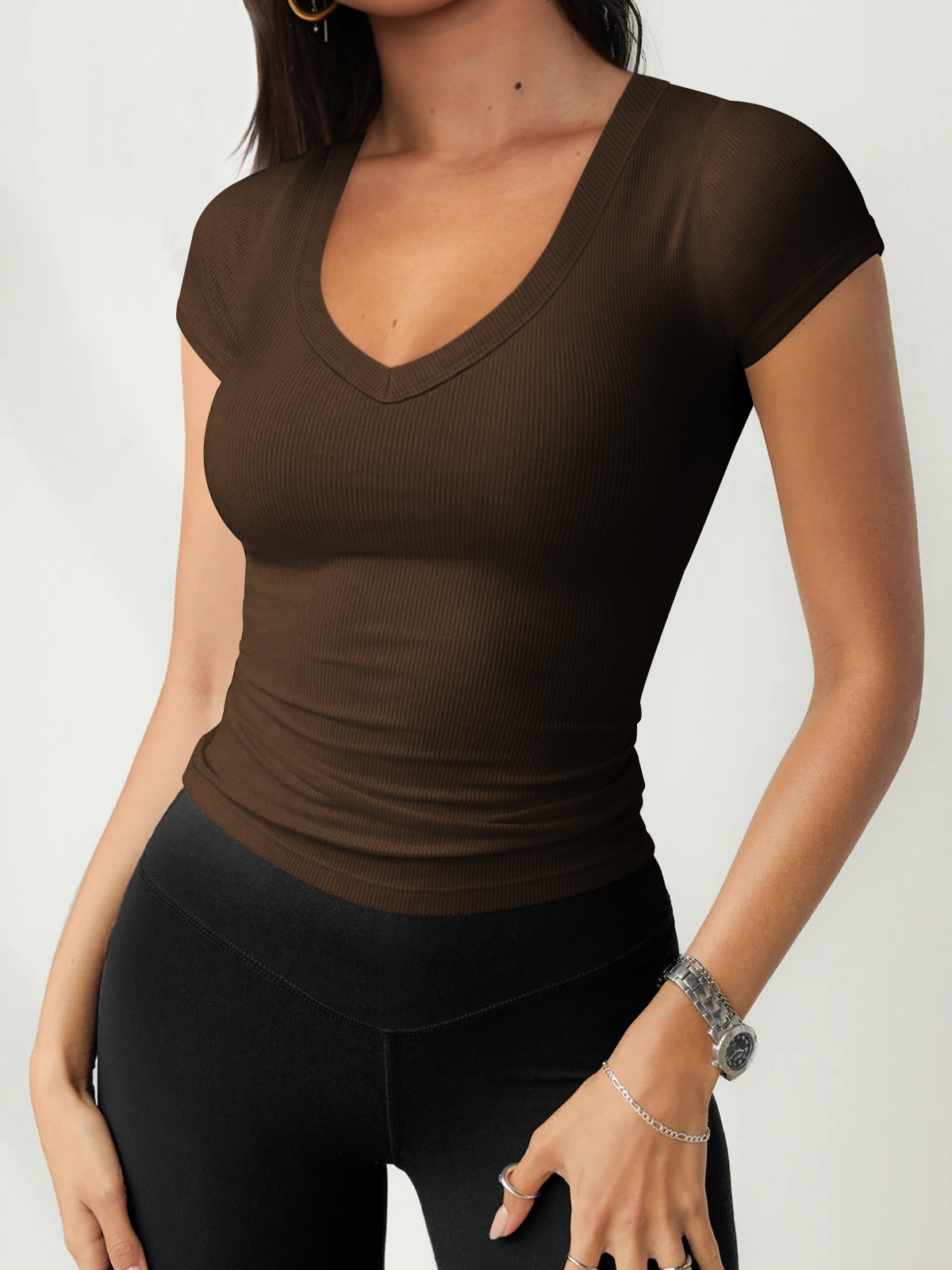 Thread Egg Shaped Collar Clothes Summer Slim Fit Short Sleeved T shirt Shoulder Top for Women