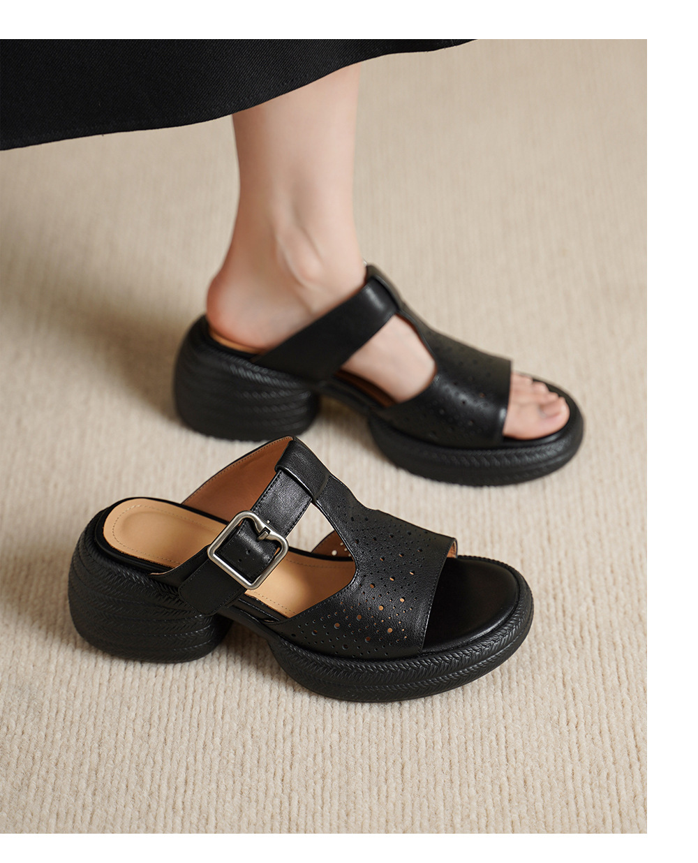 Sandal nữ da bò cao gót quai chữ T đế dày — đen chi tiết 5