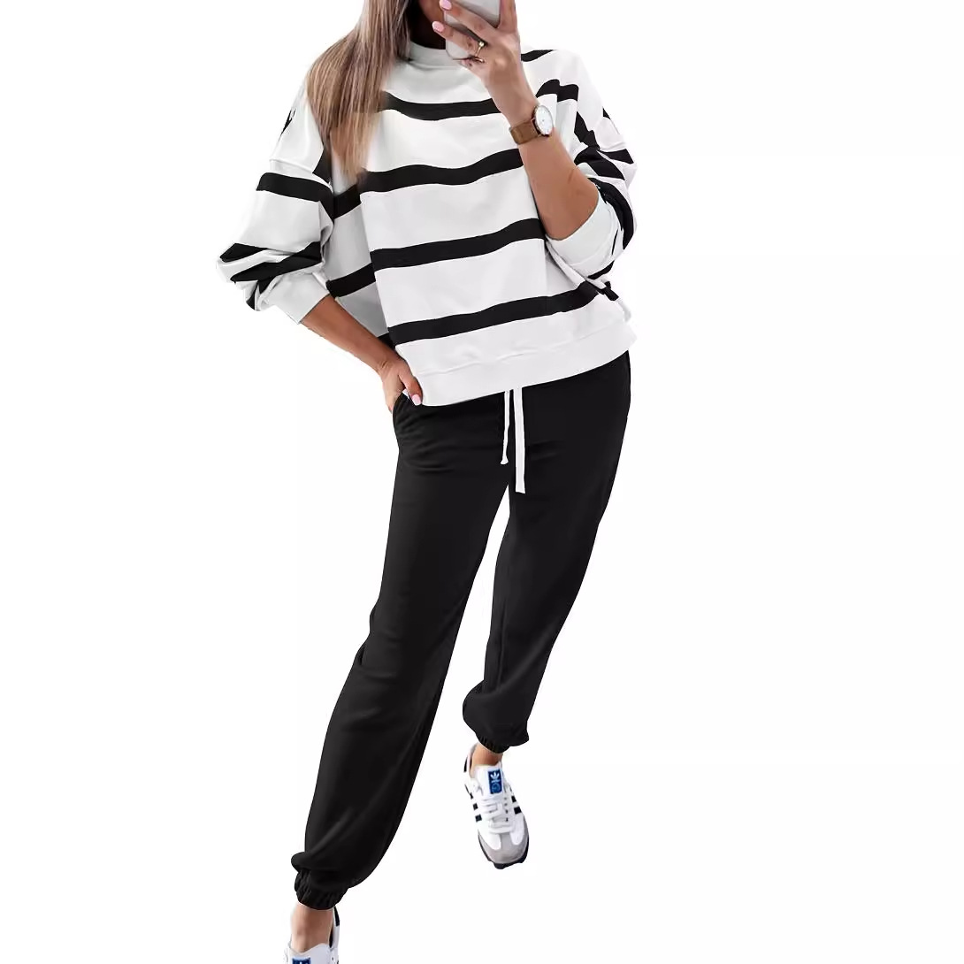 Casual Striped Sports Suit Women's Long-sleeved Sweater