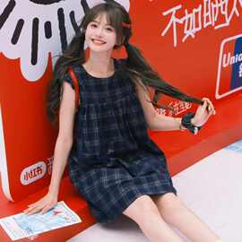 欧美跨境亚马逊夏季宽松复古背心小飞袖连衣裙甜美格纹小个子短裙