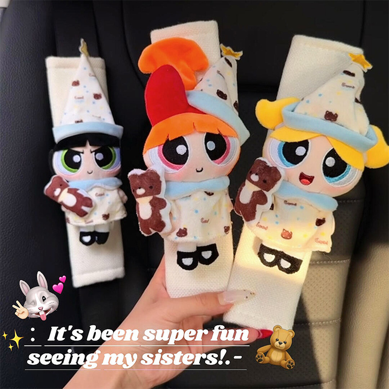 Genuine Powerpuff Girls Seat Belt Shoulder Cover Car Ornaments Pendant Plush Interior Cute Doll Female Gift