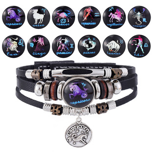 Cross-Border Accessories Twelve Constellations Luminous Leather Bracelet Retro Multi-Layer Braided Leather Bracelet Beaded Bracelet Wholesale