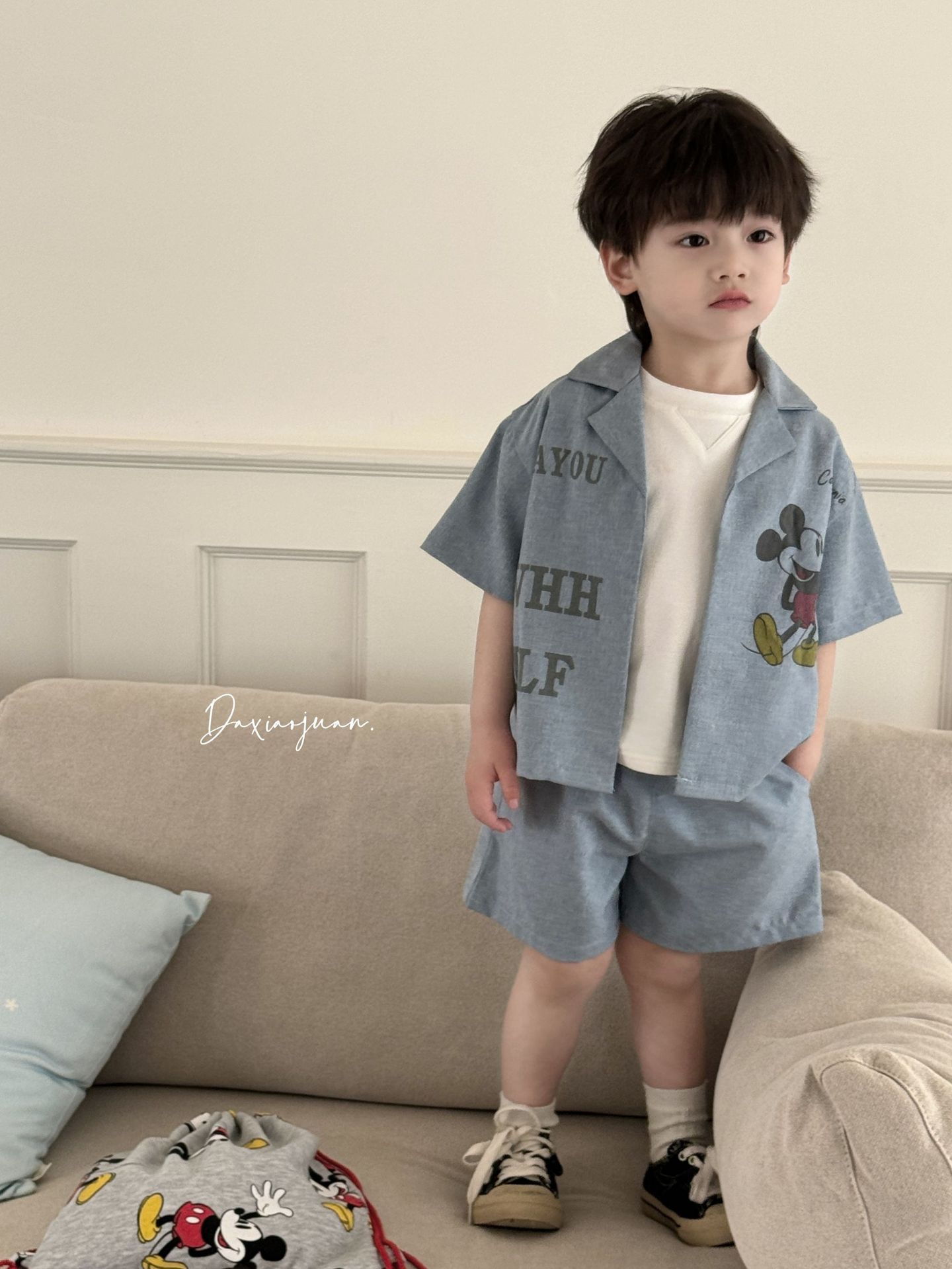 In-Stock Large and Small Sizes 25 Summer Boys' Cartoon Short-Sleeve Children's Shorts Korean Tops Cute Set Suit Lapel