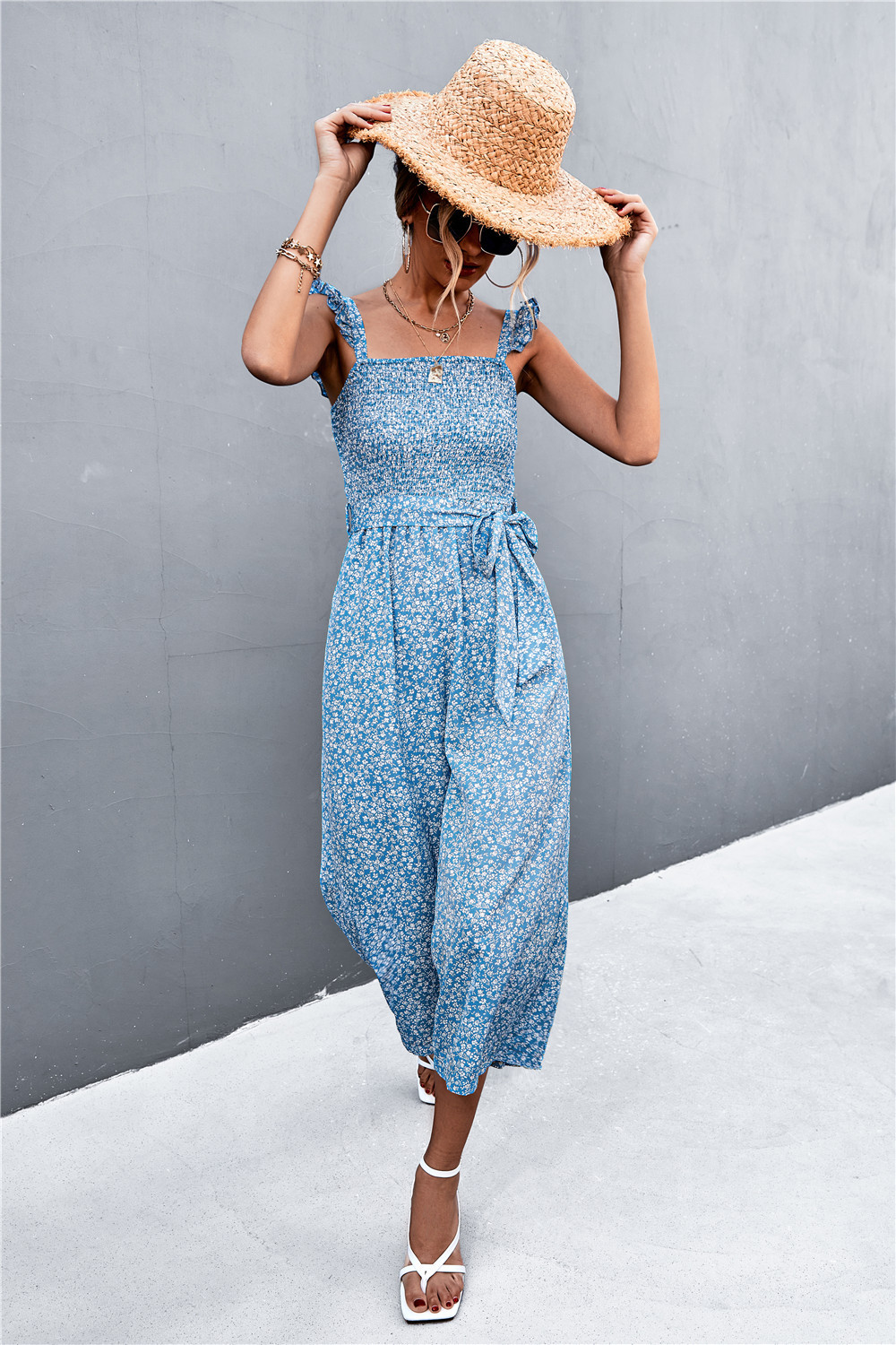 Spring Summer Flying Sleeves Belt Floral Smocking Jumpsuit