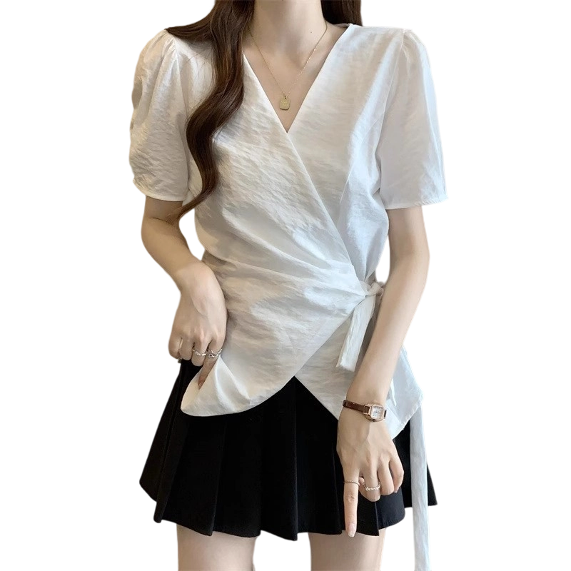 フレンチパフスリーブVネック右肩イエロー半袖シャツ女性用2025夏大きいサイズファットmmストラップウエストトップ|undefined