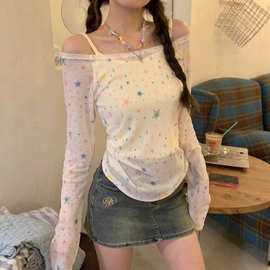 甜美星星印花长袖T恤女显瘦修身一字肩上衣夏季新款紧身显瘦气质