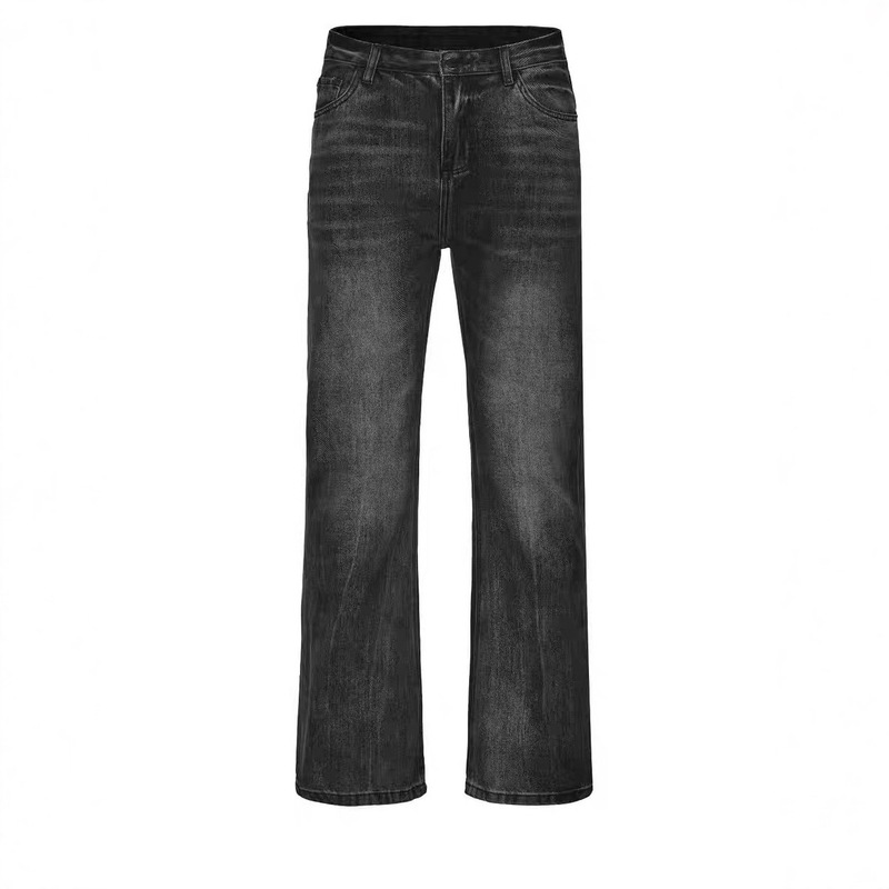 High Street Tie-Dye Black and Gray Lightning Ripple Denim Must-Have Heavy-Duty Whiskered Washed Straight-Leg Flared Jeans