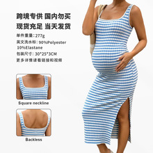 2025欧美跨境女装夏季修身性感方领条纹侧开叉无袖包臀孕妇连衣裙