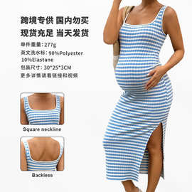 2025欧美跨境女装夏季修身性感方领条纹侧开叉无袖包臀孕妇连衣裙