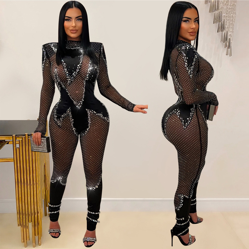 C6886 cross-border AliExpress Amazon European and American fashion women's solid color mesh rhinestone long-sleeved trousers jumpsuit