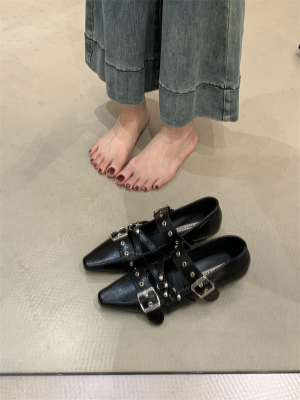 粗跟法式朋克芭蕾风黑色方头单鞋女2025春秋新铆钉皮带扣玛丽珍鞋|undefined