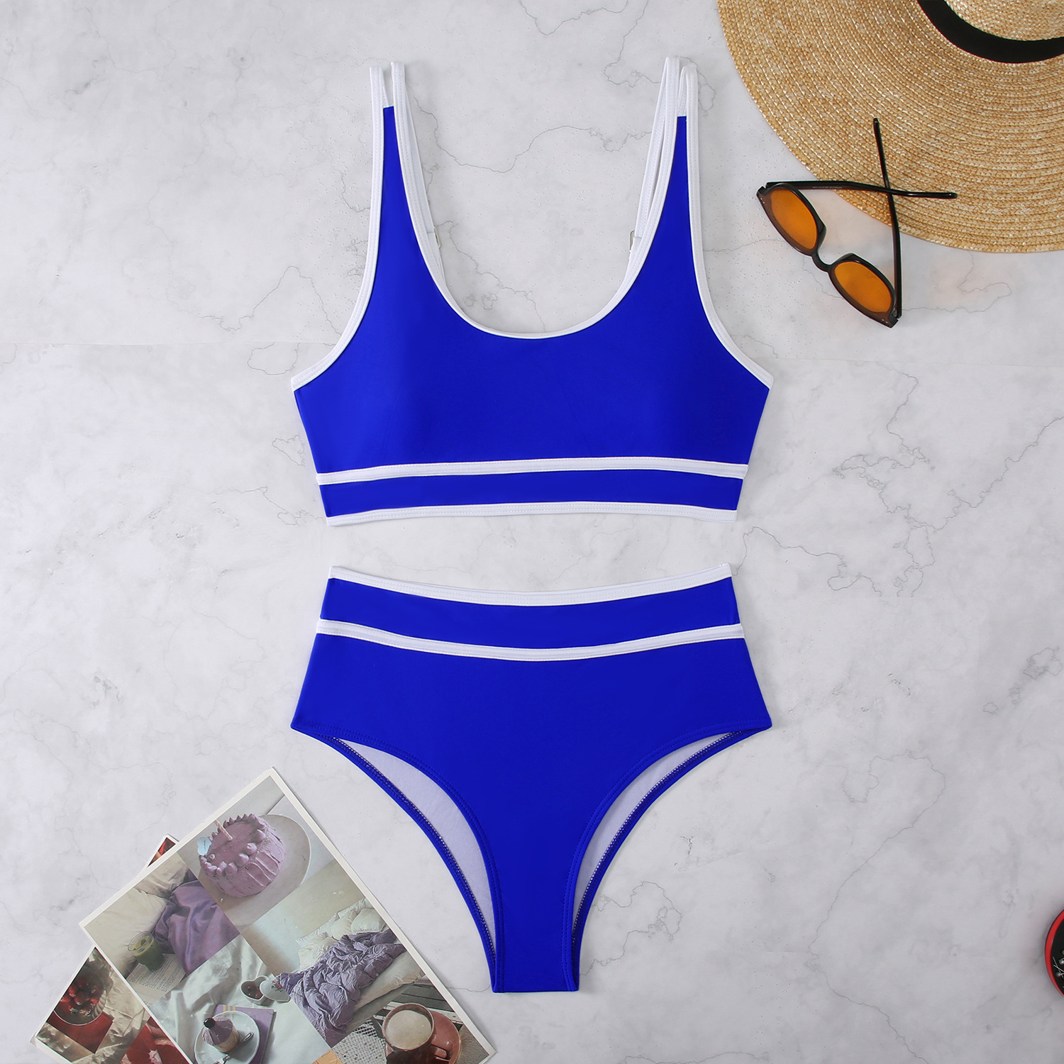 Traje de Baño Bikini de Dos Piezas de Poliéster, Color Sólido, Sin Soporte de Acero, para Natación image 9
