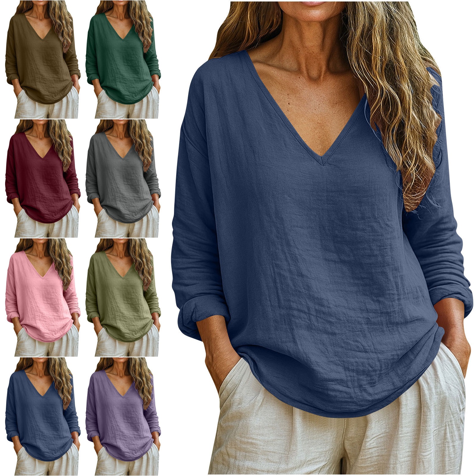 2026 Cross-Border European and American Amazon Spring and Summer New Women's Casual Loose Fashion Cotton and Linen Long-Sleeved V-Neck Top