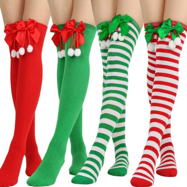 Bow Christmas Socks over the Knee Socks for Women Long Holiday Dress up Costume Props Christmas Stripesd Stockings Cosplay