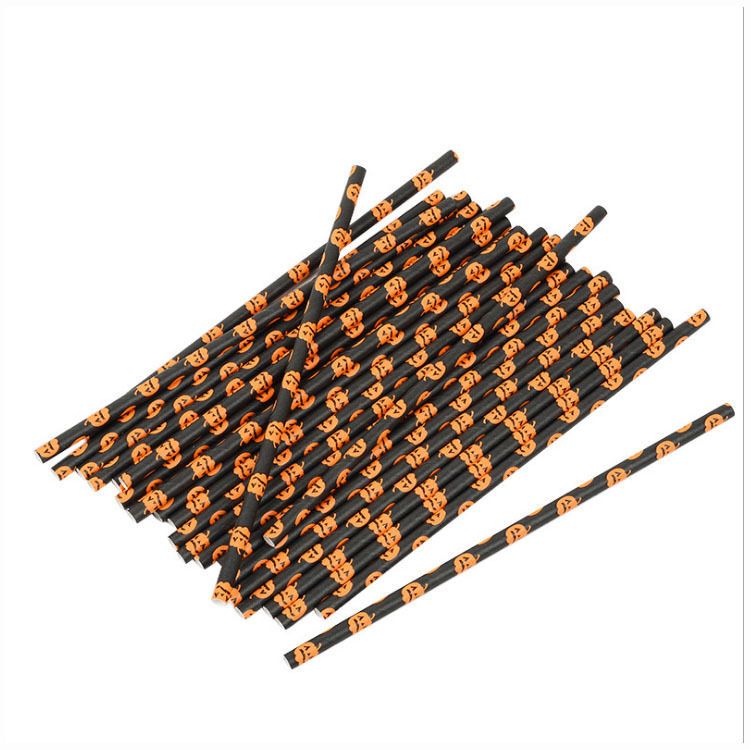 Una gran cantidad de pajitas de papel desechables al por mayor, pajitas de papel de Halloween, pajitas de papel degradables, calavera, calabaza